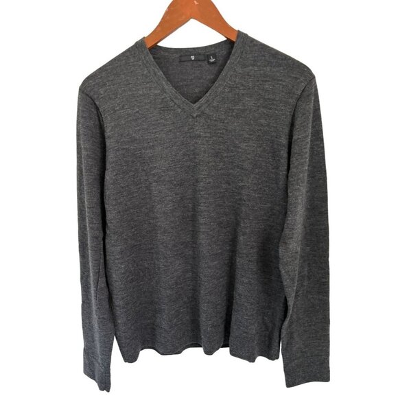 UNIQLO Merino Wool Sweater Heather Gray V-Neck Pullover Size Large - Picture 1 of 7